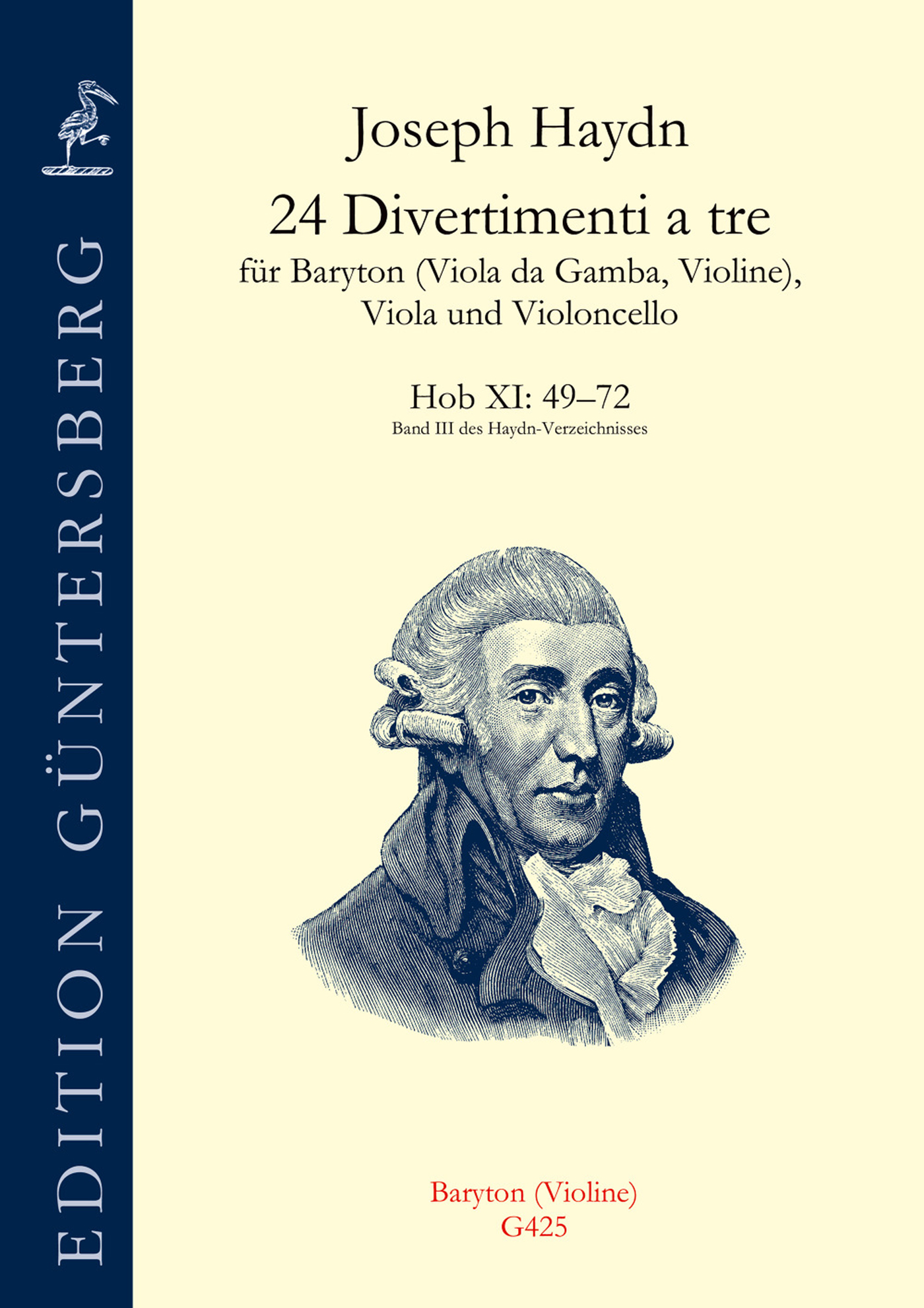 Front Cover Image 24 Divertimenti a tre, Barytontrios Nr. 49–72, für Baryton (Viola da Gamba, Violine), Viola, Violoncello Hob. XI:49–72