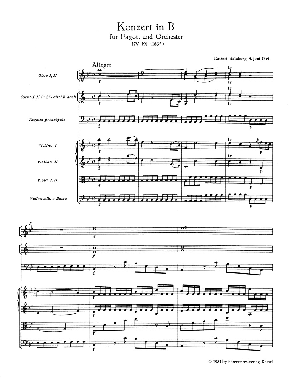Other Cover Image Konzert für Fagott und Orchester B-Dur KV 191 (186e)