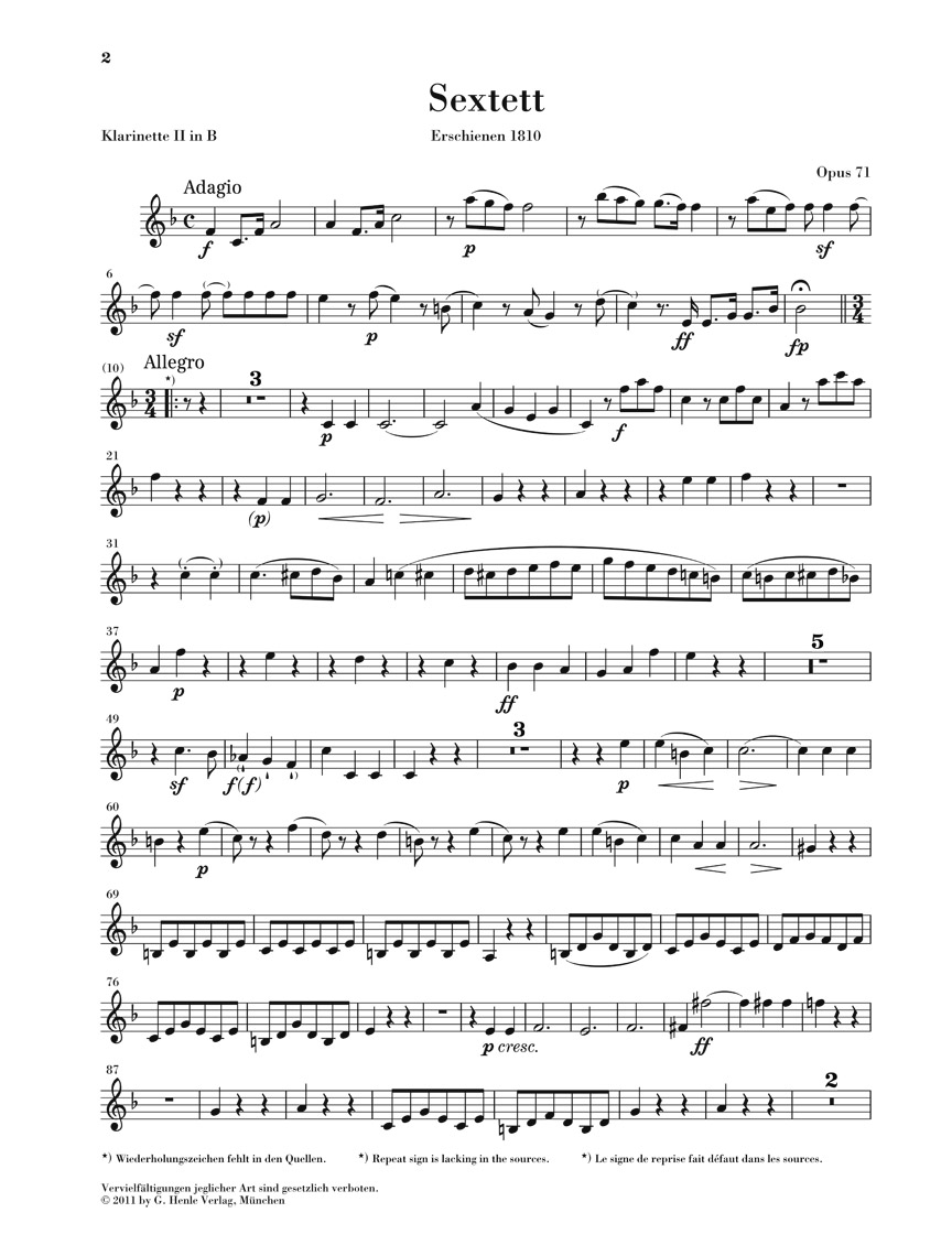 Other Cover Image Sextett Es-dur Opus 71 mit Marsch WoO 29 für 2 Klarinetten, 2 Fagotte und 2 Hörner