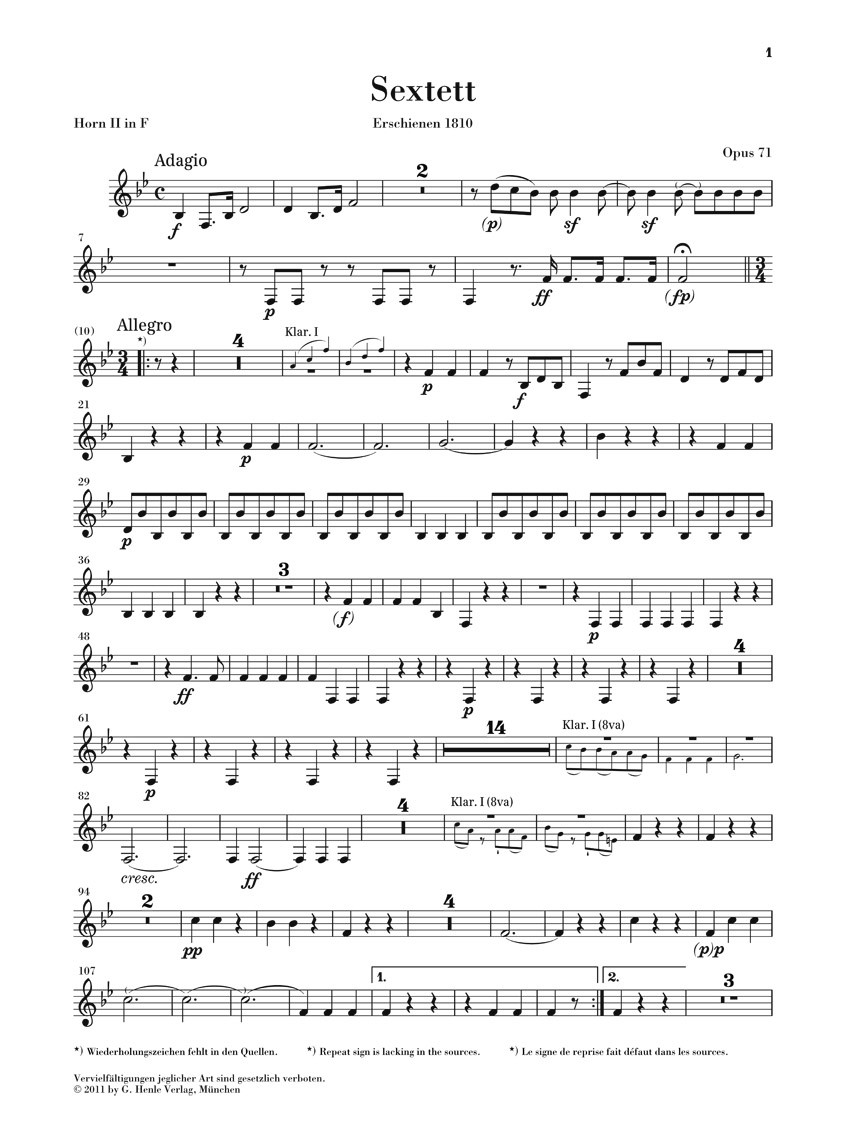 Other Cover Image Sextett Es-dur Opus 71 mit Marsch WoO 29 für 2 Klarinetten, 2 Fagotte und 2 Hörner