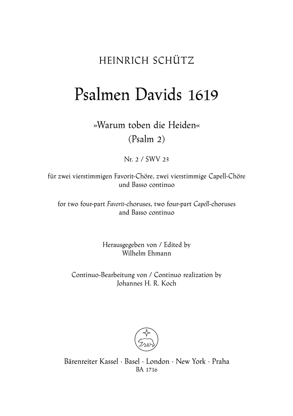 Front Cover Image "Warum toben die Heiden" für 2 Favoritchöre, 2 Capellchöre und Basso continuo SWV 23