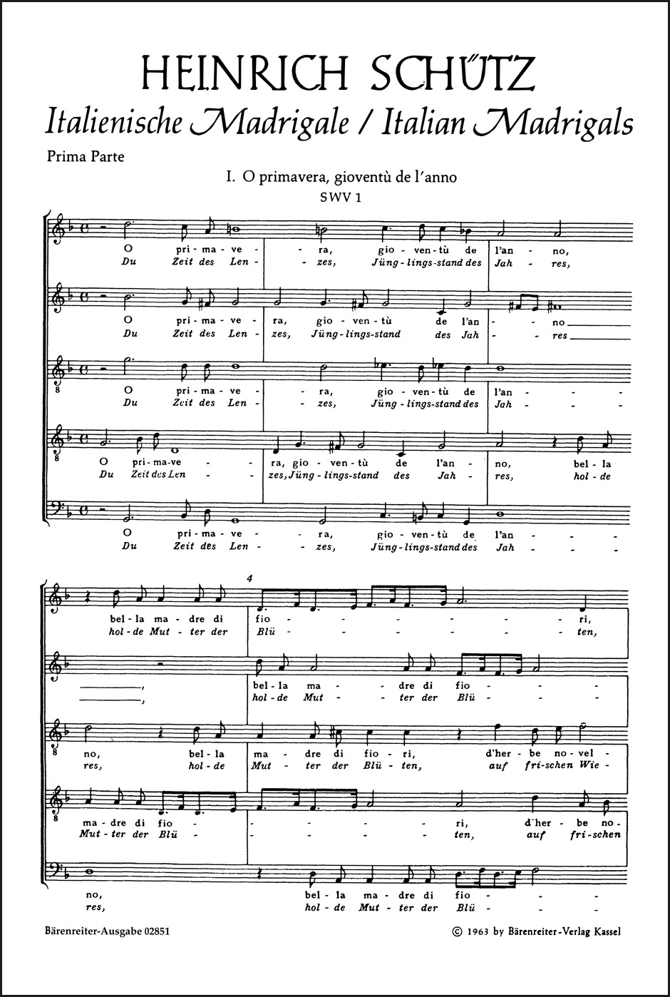 Front Cover Image O primavera, gioventu / Du Zeit des Lenzes - O dolcezze amarissime / Ach du bitterste Süßigkeit SWV 1, 2