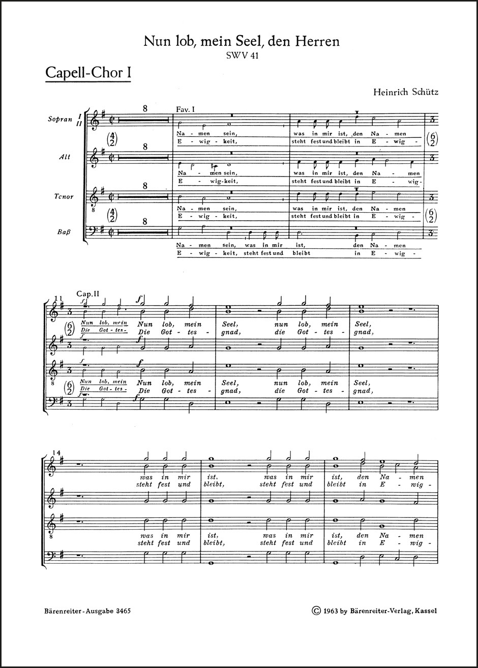 Front Cover Image "Nun lob, mein Seel, den Herren" für zwei vierstimmige Favorit-, zwei fünfstimmige Capell-Chöre und Basso continuo SWV 41