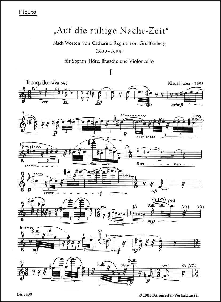 Front Cover Image Auf die ruhige Nacht-Zeit für Sopran, Flöte, Bratsche und Violoncello (1958)