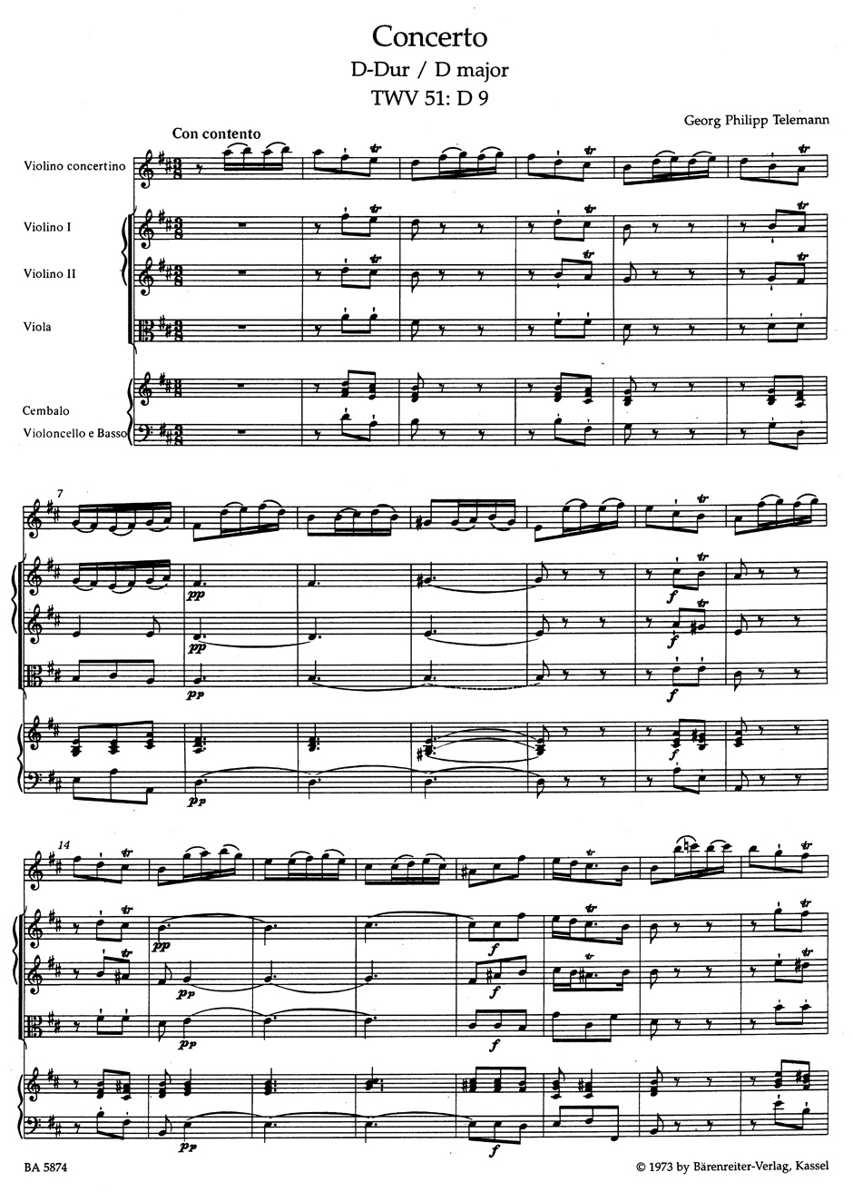 Front Cover Image Konzert für Violine und Orchester D-Dur TWV 51:D9