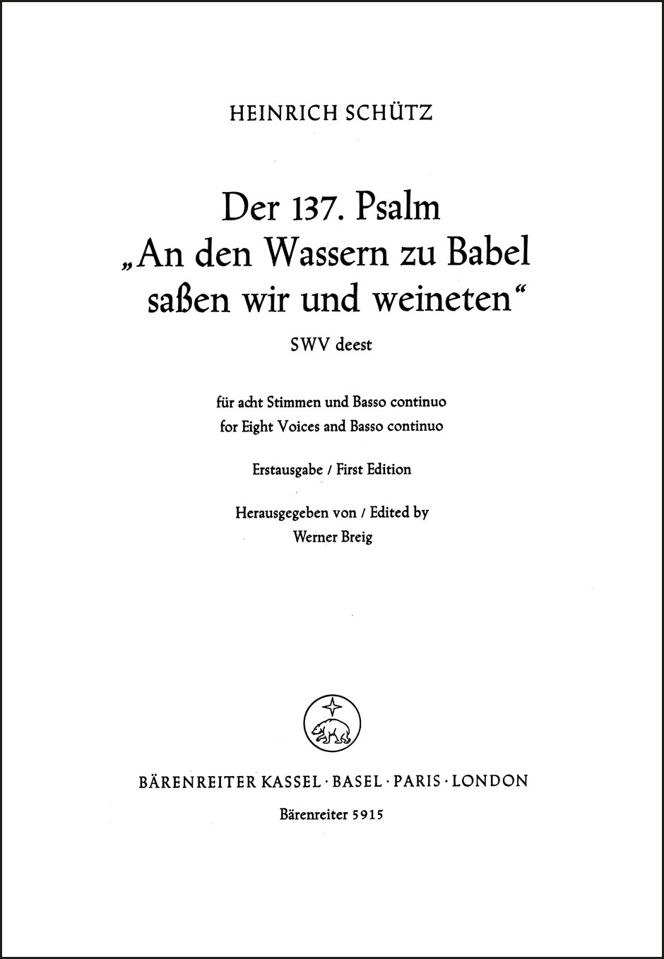 Front Cover Image An den Wassern zu Babel saßen wir und weineten SWV deest