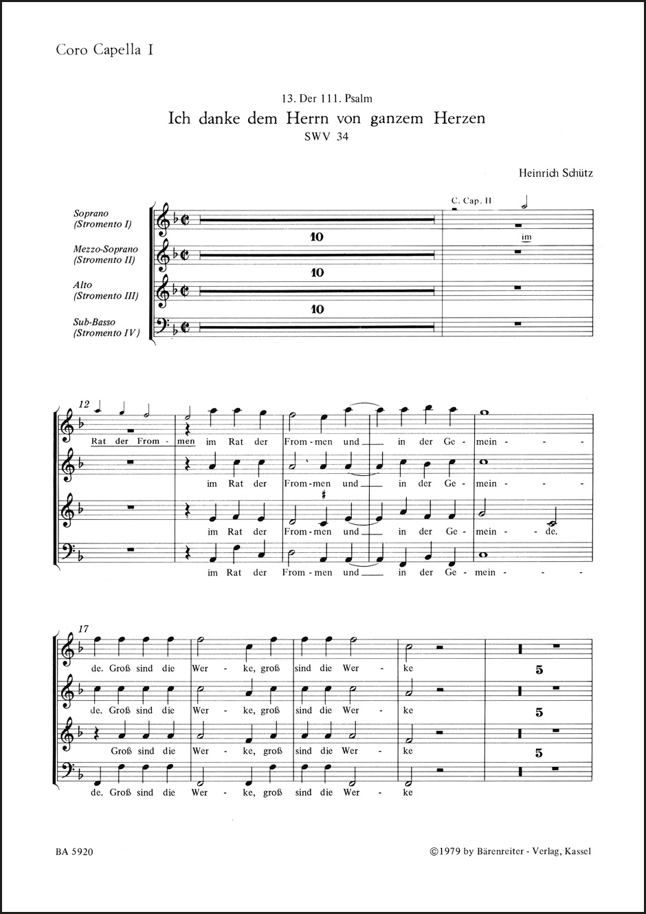 Front Cover Image "Ich danke dem Herrn von ganzem Herzen" für zwei vierstimmige Favorit-. zwei vierstimmige Capell-Chöre und Basso continuo SWV 34