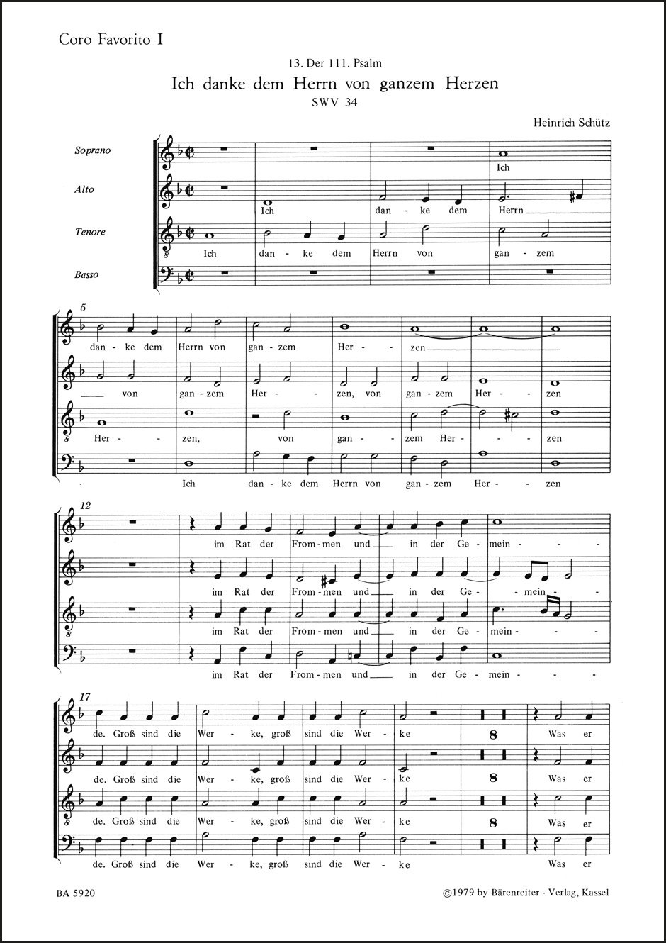Front Cover Image "Ich danke dem Herrn von ganzem Herzen" für zwei vierstimmige Favorit-. zwei vierstimmige Capell-Chöre und Basso continuo SWV 34