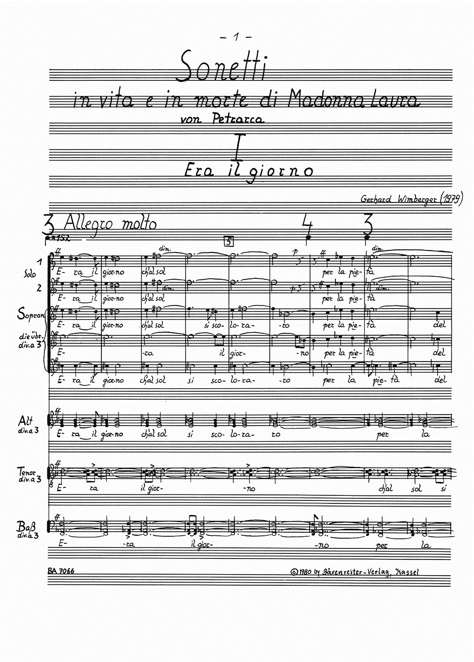 Front Cover Image Sonetti in vita e in morte Madonna Laura für gemischten Chor (SATB, jede Stimme fünffach geteilt) (1979)