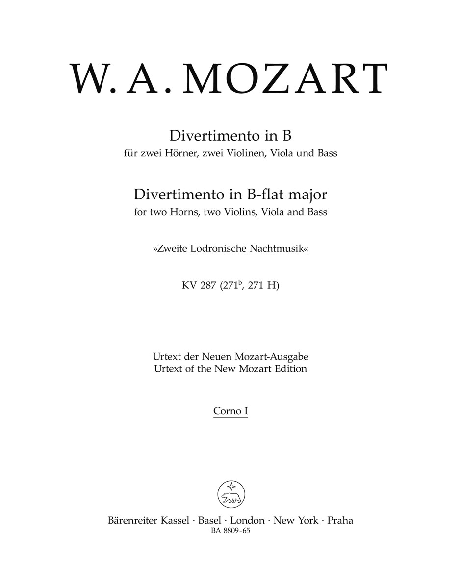 Front Cover Image Divertimento für zwei Hörner, zwei Violinen, Viola und Bass B-Dur KV 287 (271b, 271 H) "Zweite Lodronische Nachtmusik"