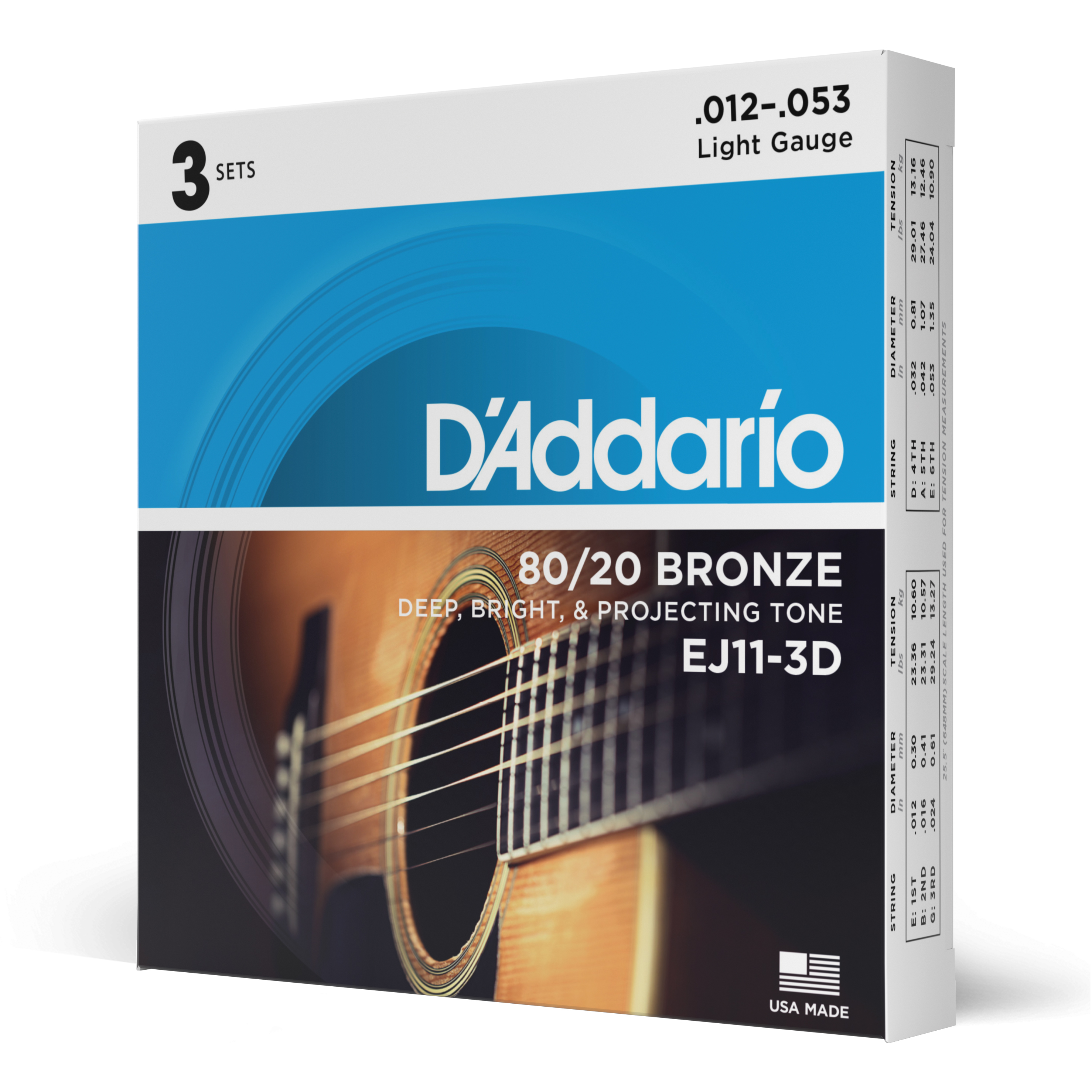 Front Cover Image D'Addario EJ11-3D 80/20 Bronzesaiten für Akustikgitarre, leichte Spannung, 12-53, 3 Sätze