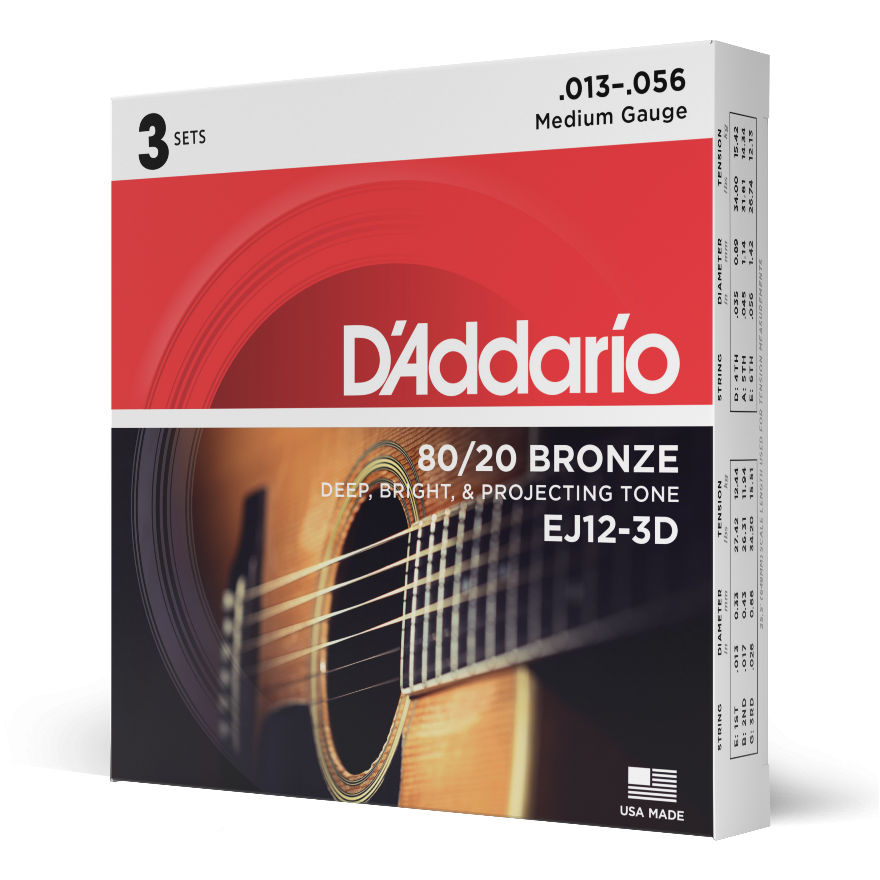 Front Cover Image D'Addario EJ12-3D 80/12 Bronzesaiten für Akustikgitarre, mittlere Spannung, 13-56, 3 Sätze