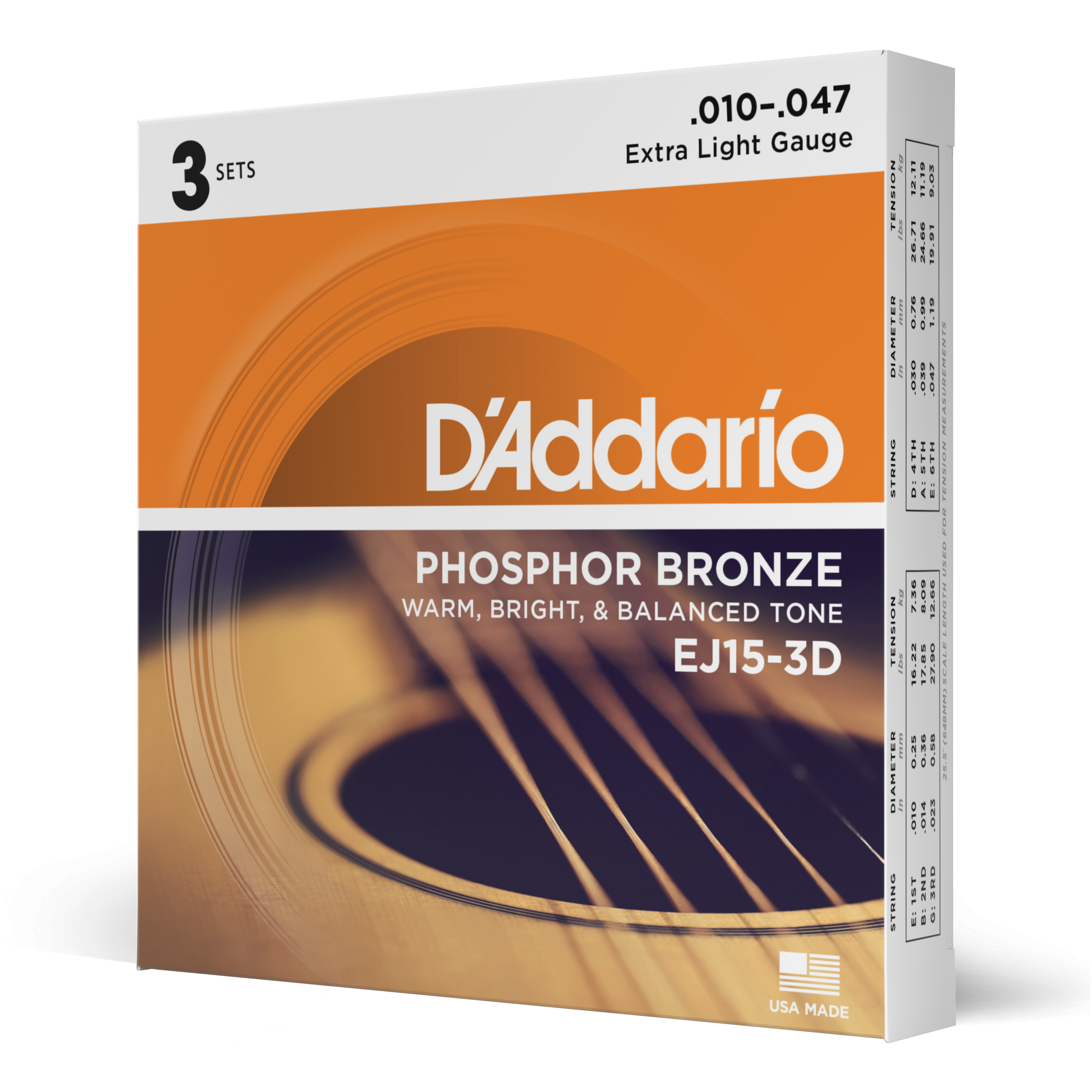 Front Cover Image D'Addario EJ15-3D Saiten für Akustikgitarre, Phosphorbronze, Extra Light, 3 Sätze