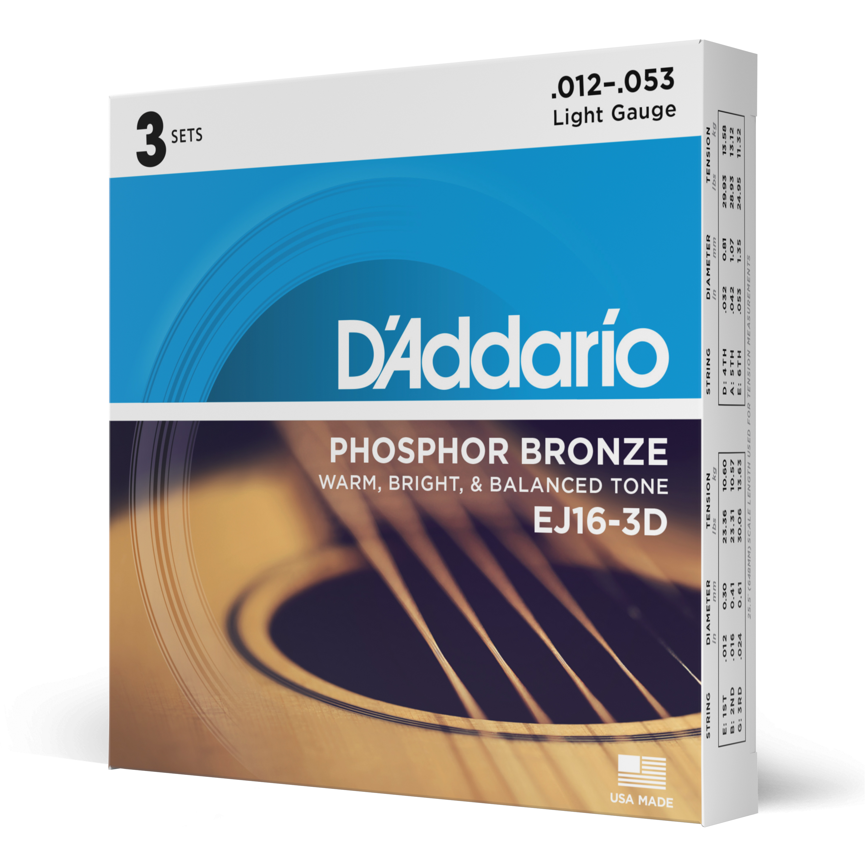 Front Cover Image D'Addario EJ16-3D Saiten für Akustikgitarre, Phosphorbronze, Light, 3 Sätze