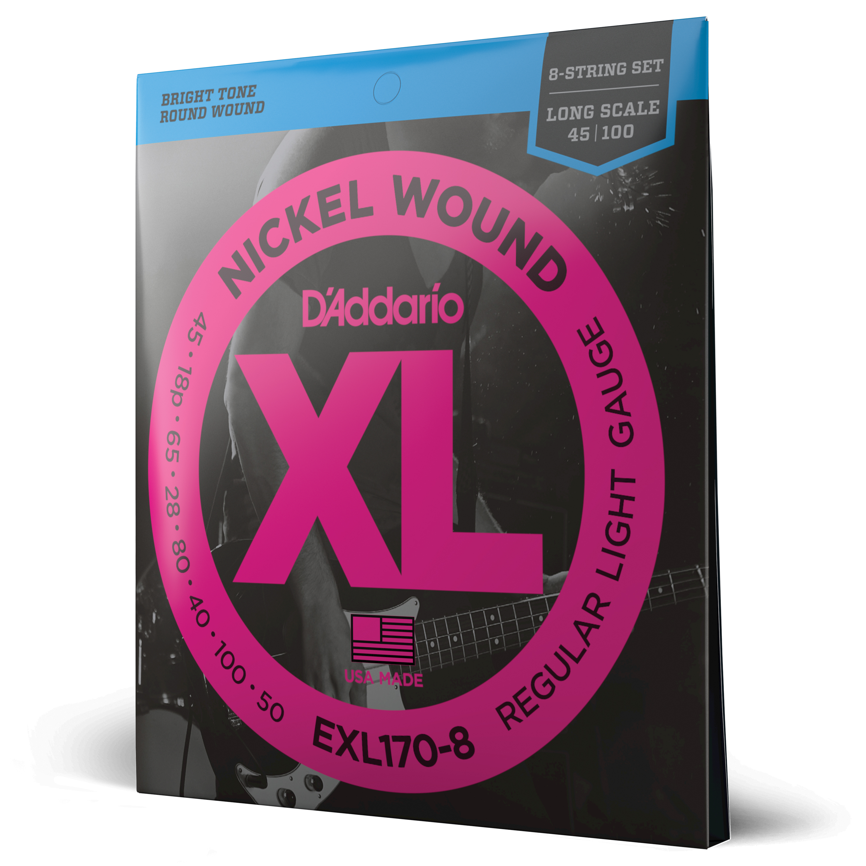 Front Cover Image D'Addario EXL170-8 Saiten für 8-saitige Bassgitarre, mit Nickel umsponnen, Light, 32-130, Long Scale