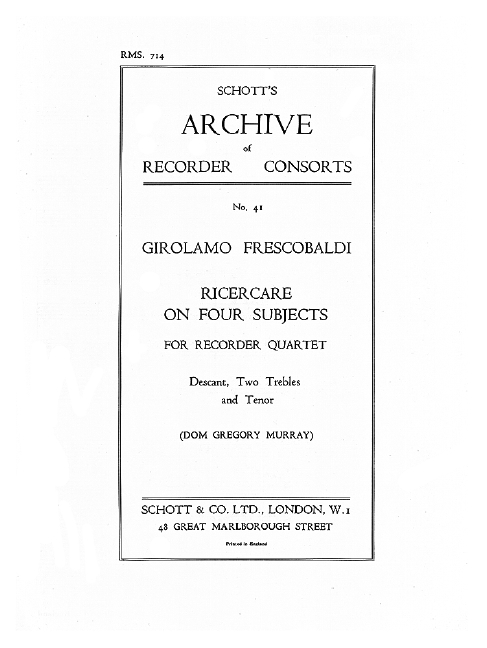 Front Cover Image Ricercare on 4 Subjects 