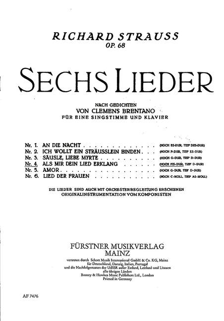 Vorderes Coverbild Sechs Lieder nach Gedichten von Clemens Brentano op. 68/4 