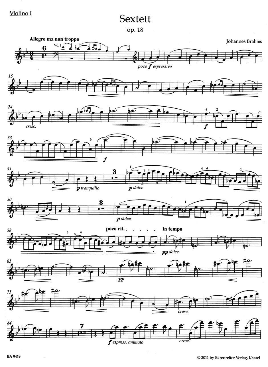 Anderes Coverbild Sextett für zwei Violinen, zwei Violen und zwei Violoncelli B-Dur op. 18