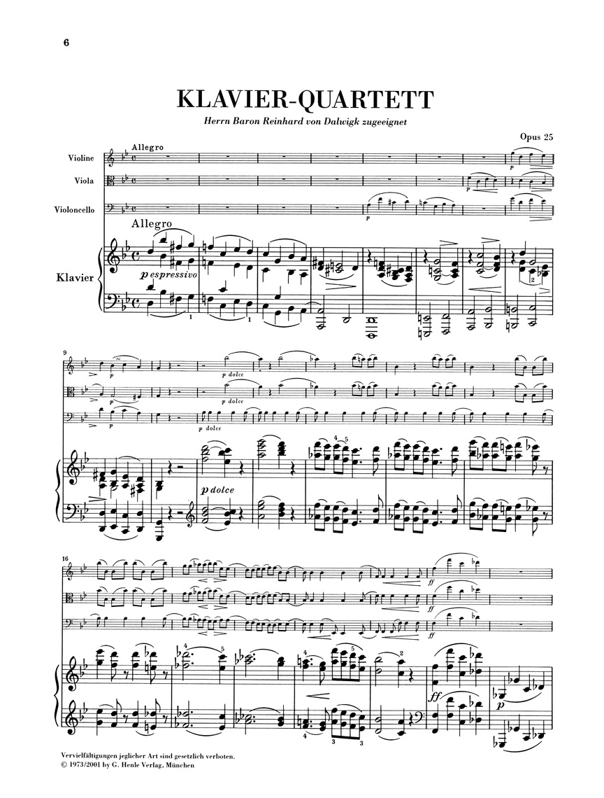 Anderes Coverbild Klavierquartett g-moll für Violine, Viola, Violoncello und Klavier op. 25