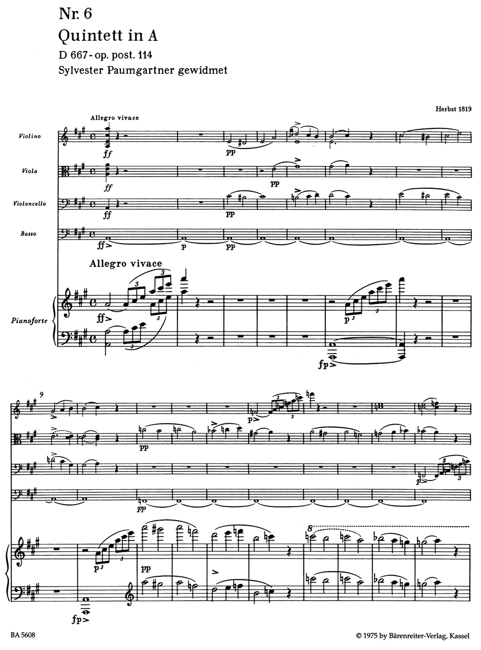 Anderes Coverbild Quintett für Klavier, Violine, Viola, Violoncello und Kontrabass A-Dur op. post. 114 D 667 "Forellenquintett"