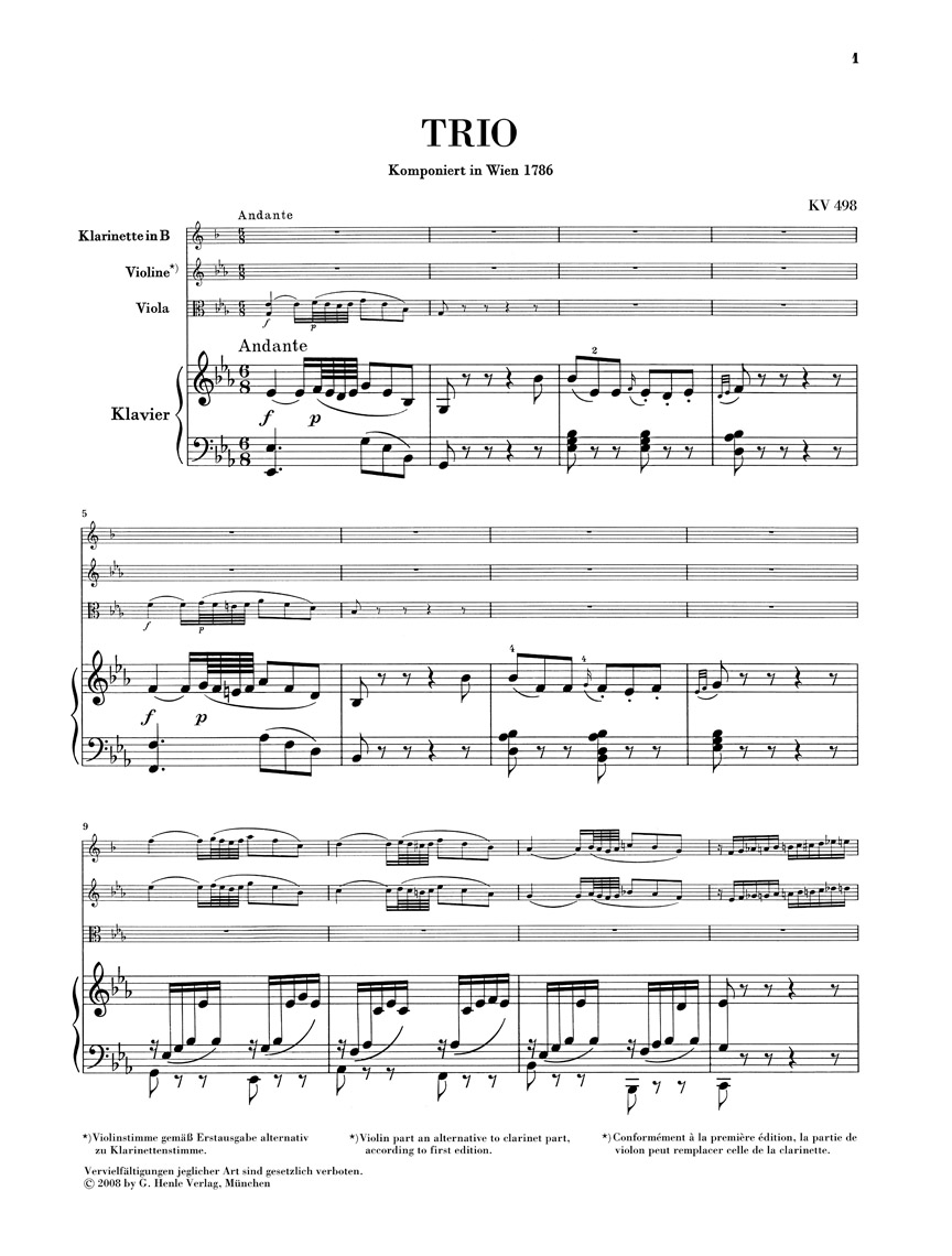 Anderes Coverbild Trio KV 498 (Kegelstatt) für Klavier, Klarinette (Violine) und Viola