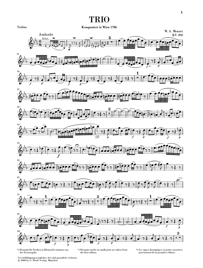 Anderes Coverbild Trio KV 498 (Kegelstatt) für Klavier, Klarinette (Violine) und Viola