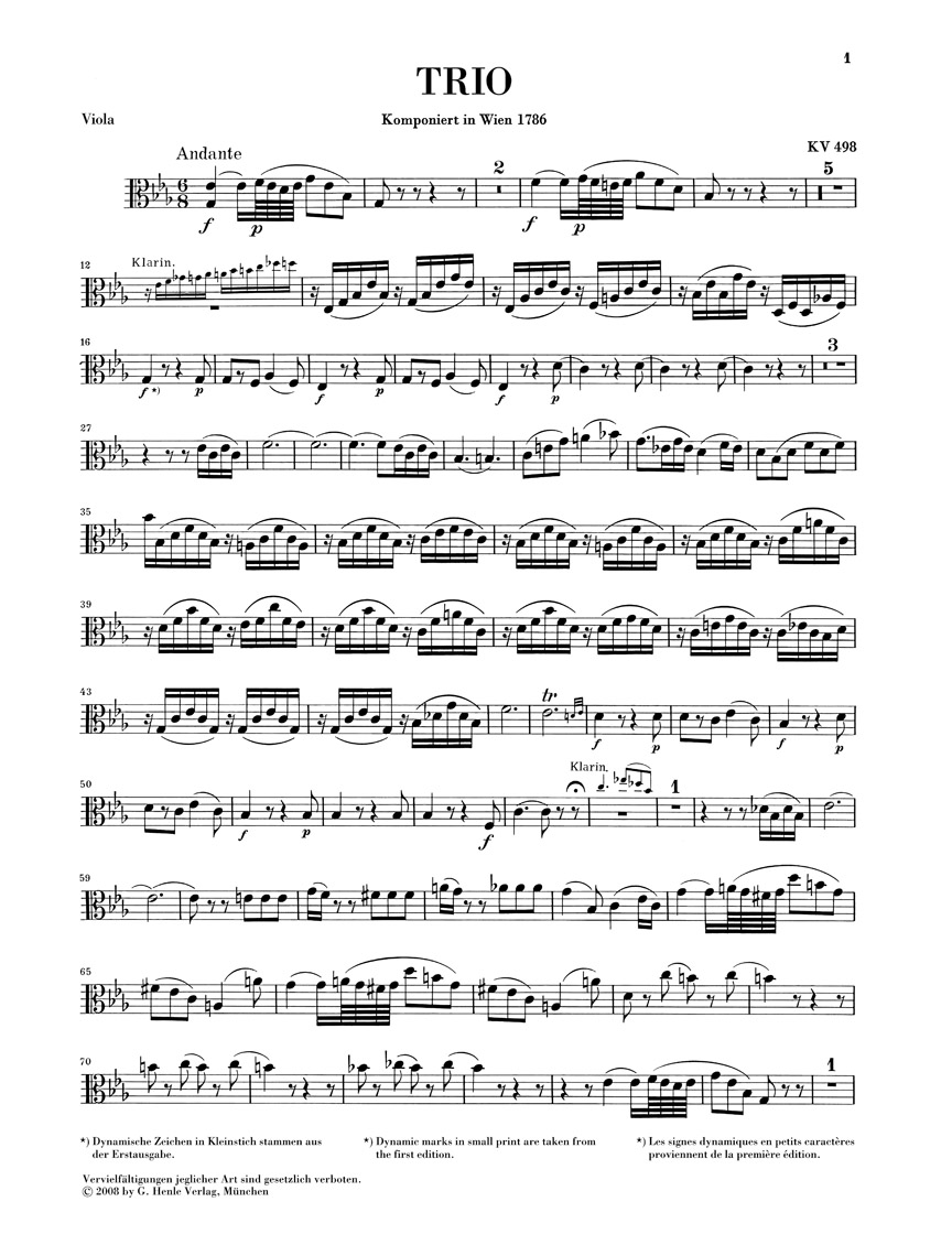 Anderes Coverbild Trio KV 498 (Kegelstatt) für Klavier, Klarinette (Violine) und Viola