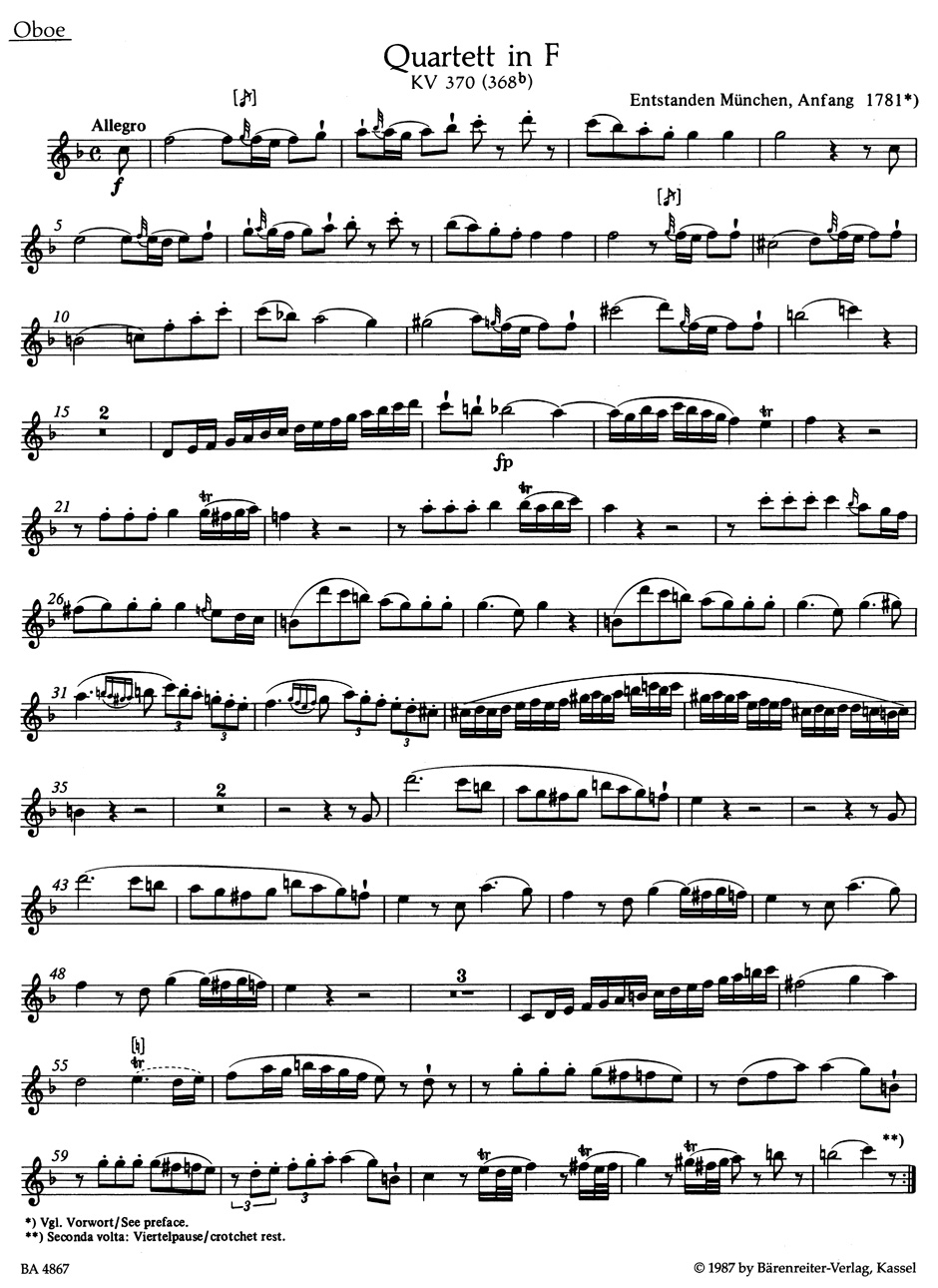 Anderes Coverbild Quartett für Oboe, Violine, Viola und Violoncello F-Dur KV 370 (368b)