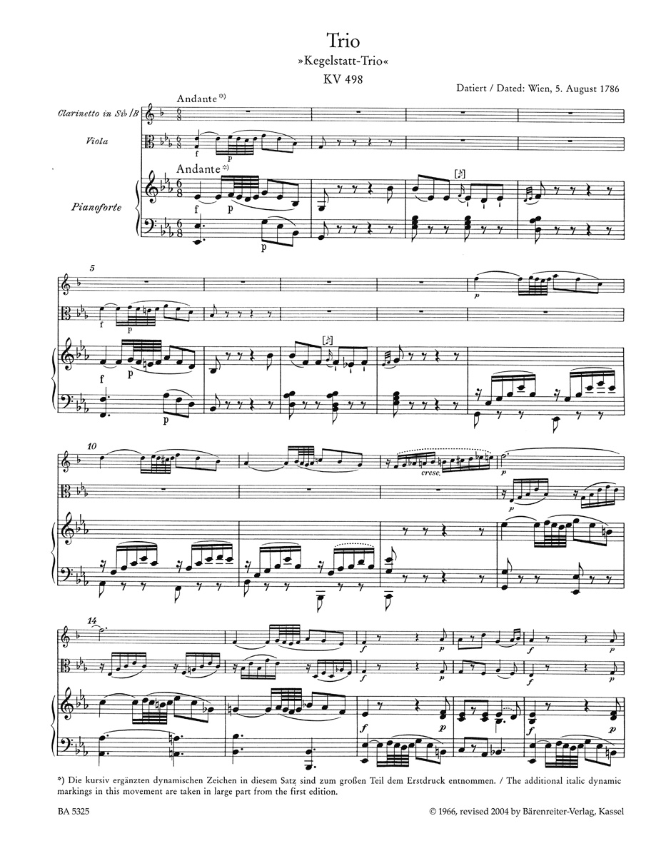 Anderes Coverbild Trio für Klavier, Klarinette und Viola Es-Dur KV 498 "Kegelstatt-Trio"