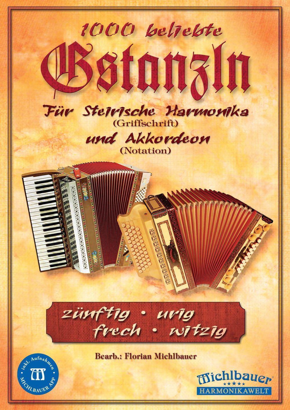 Vorderes Coverbild 1000 beliebte Gstanzln für Steirische Harmonika und Akkordeon