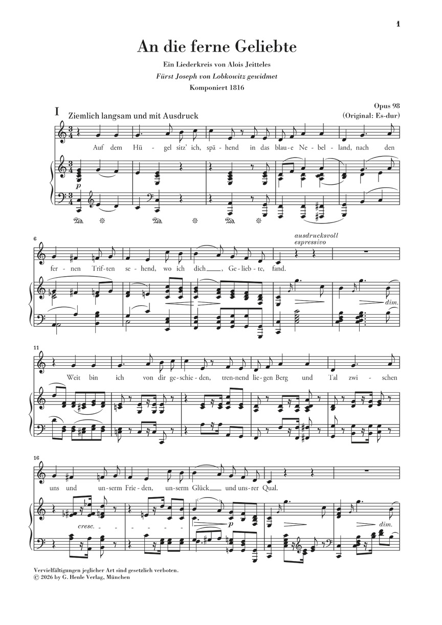 Anderes Coverbild An die ferne Geliebte für Singstimme und Klavier Opus 98