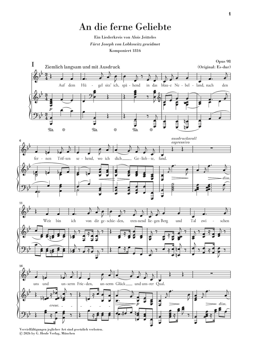 Anderes Coverbild An die ferne Geliebte für Singstimme und Klavier Opus 98