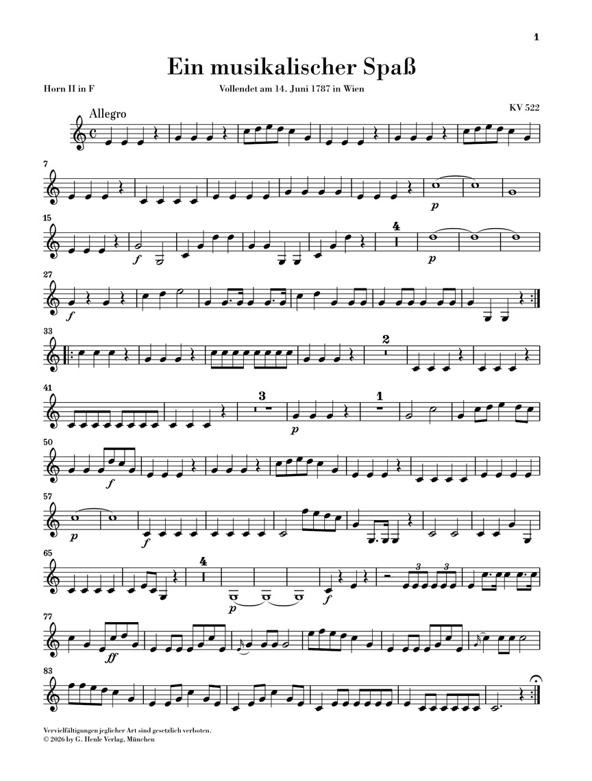 Anderes Coverbild Ein musikalischer Spaß KV 522 für 2 Hörner in F und Streicher