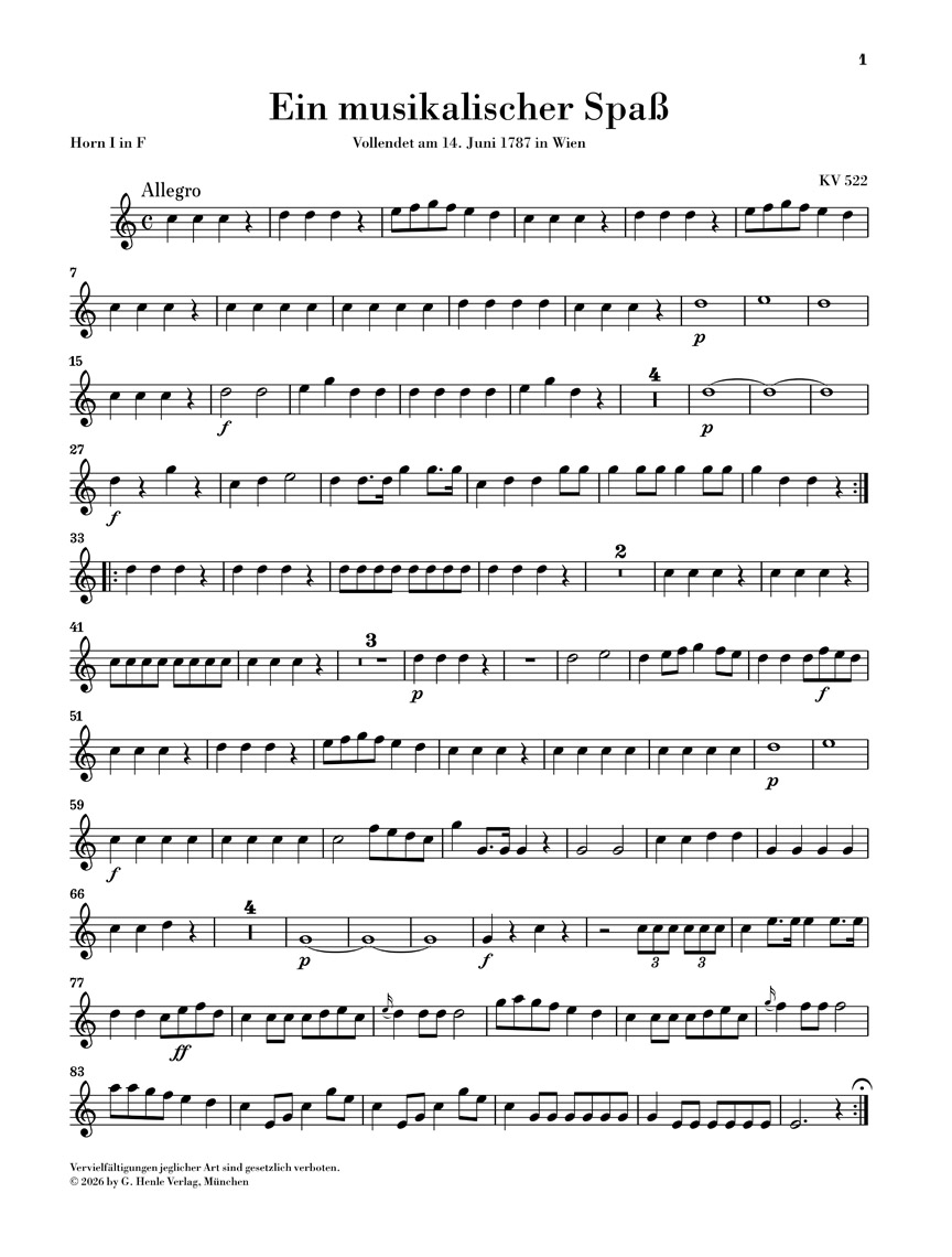 Anderes Coverbild Ein musikalischer Spaß KV 522 für 2 Hörner in F und Streicher