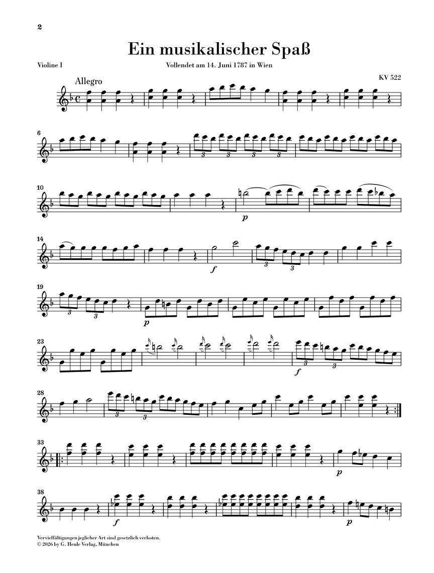 Anderes Coverbild Ein musikalischer Spaß KV 522 für 2 Hörner in F und Streicher