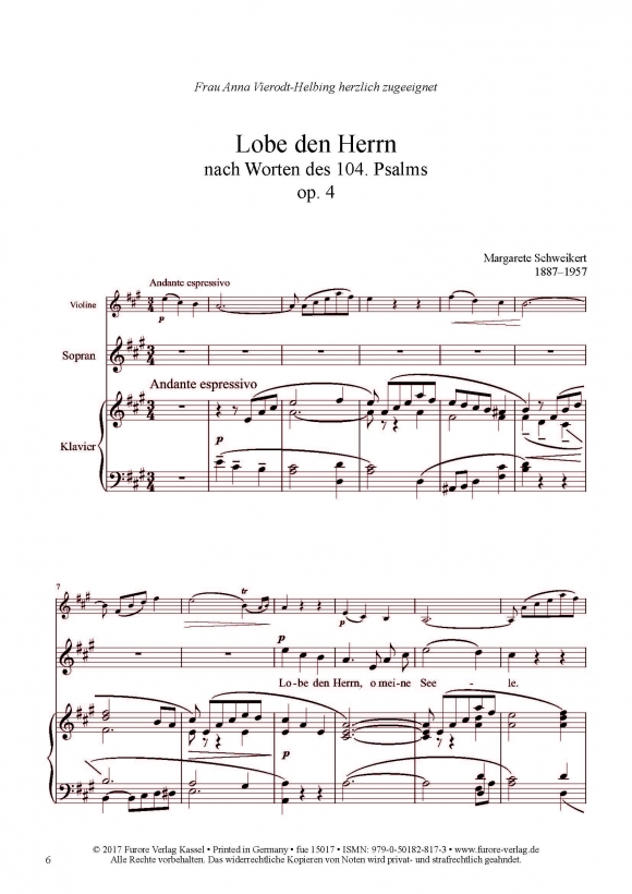 Anderes Coverbild Lobe den Herrn nach Worten des 104. Psalms op. 4 (4’) für Sopran, Violine und Klavier (um 1907)