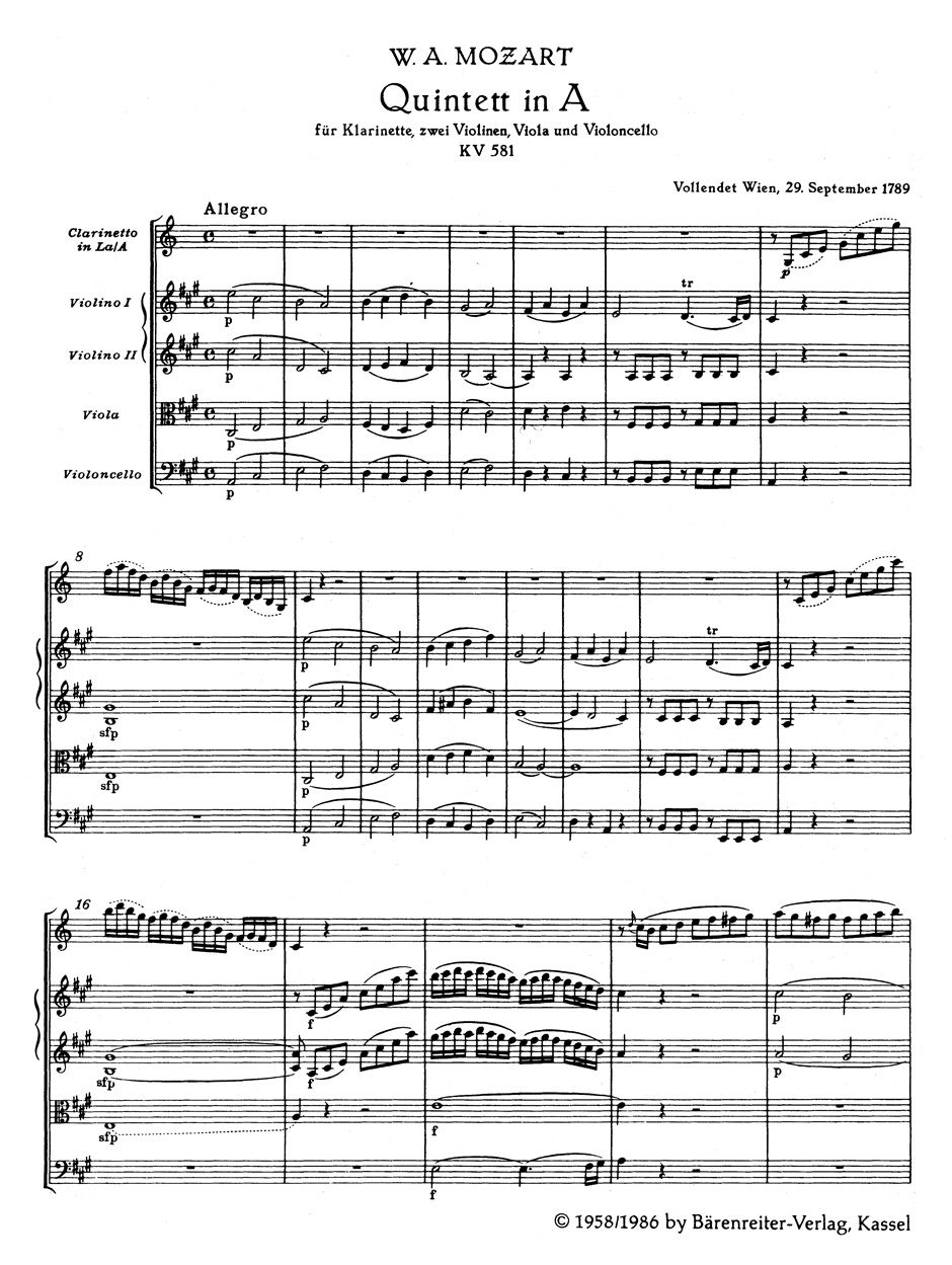 Anderes Coverbild Quintett für Klarinette, zwei Violinen, Viola und Violoncello A-Dur KV 581 "Stadler-Quintett"