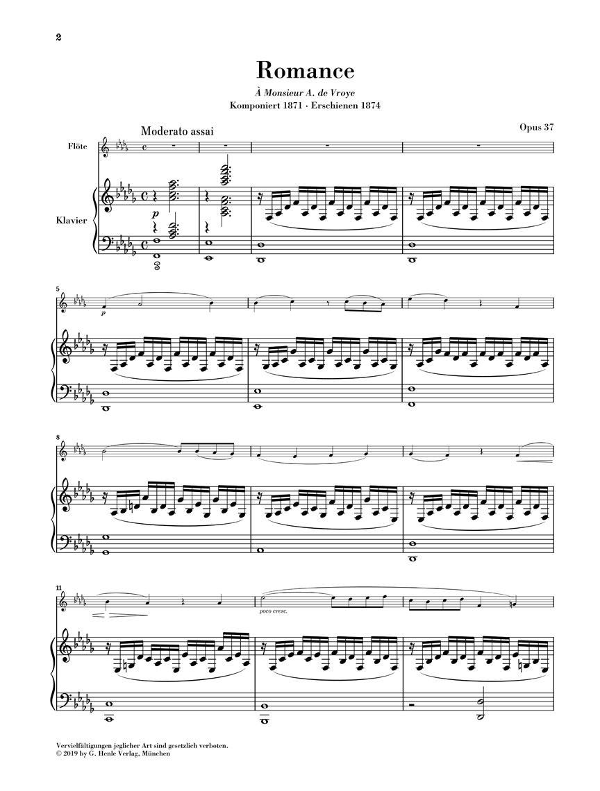 Anderes Coverbild Romance Des-dur op. 37 für Flöte und Klavier