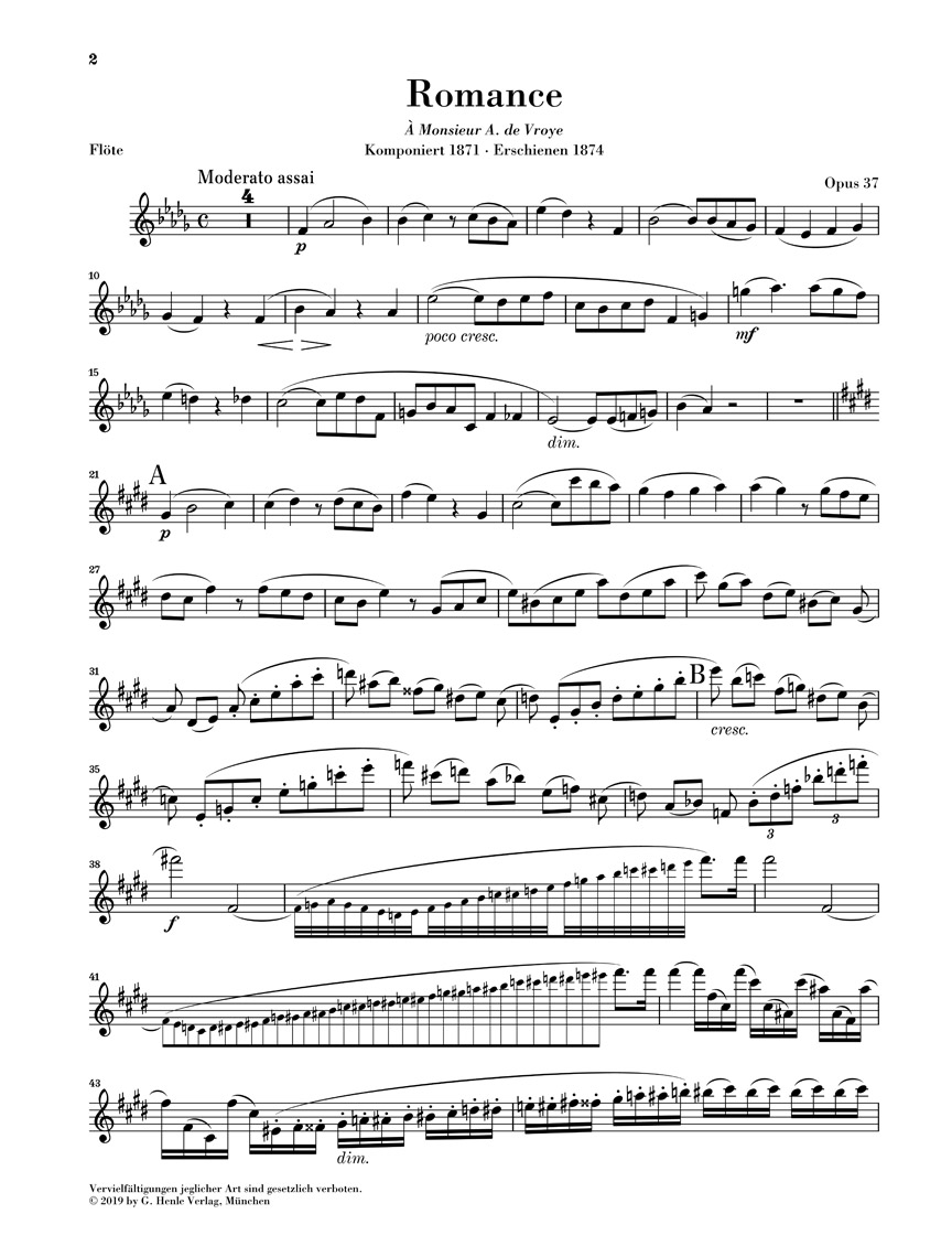 Anderes Coverbild Romance Des-dur op. 37 für Flöte und Klavier