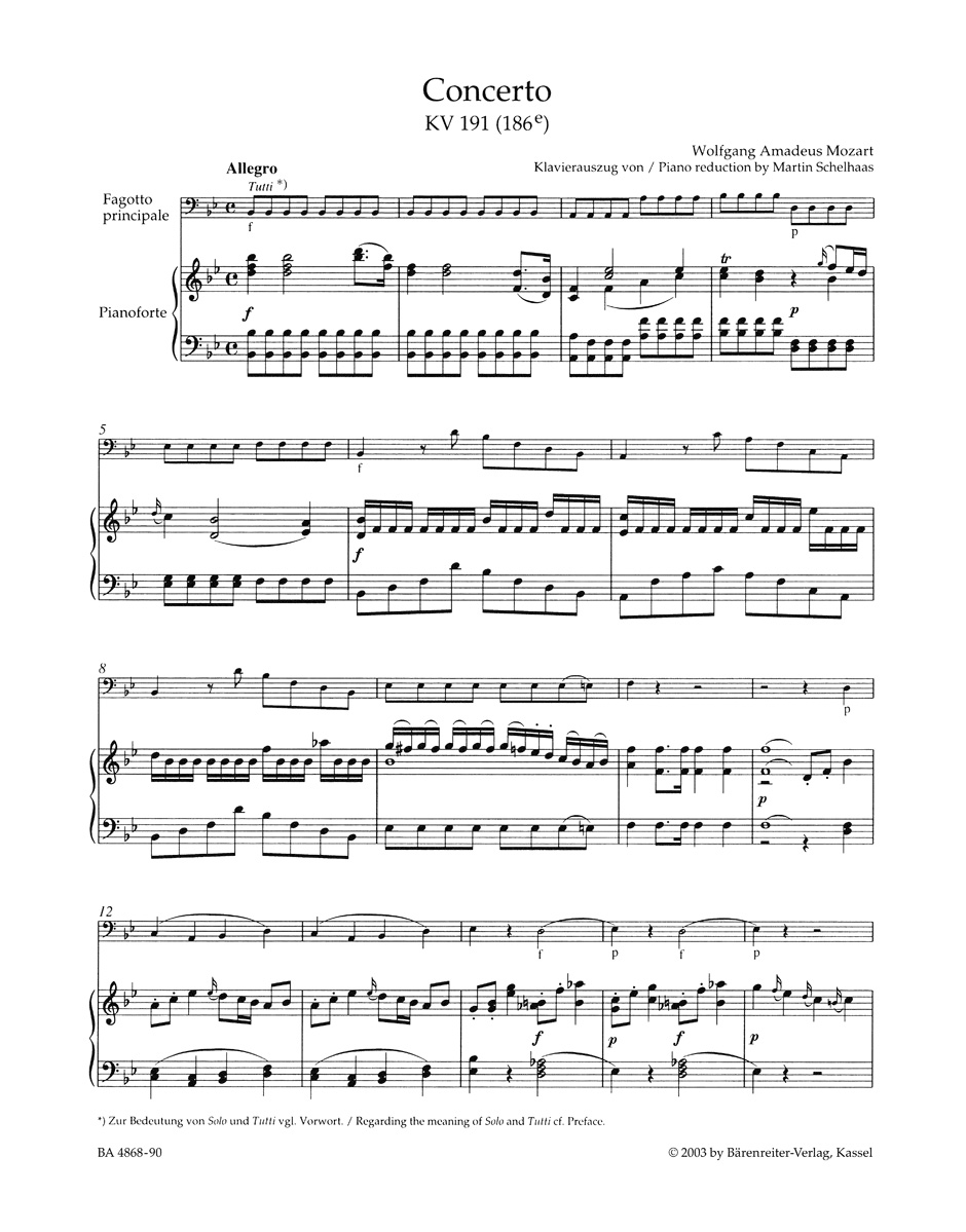 Anderes Coverbild Konzert für Fagott und Orchester B-Dur KV 191 (186e)
