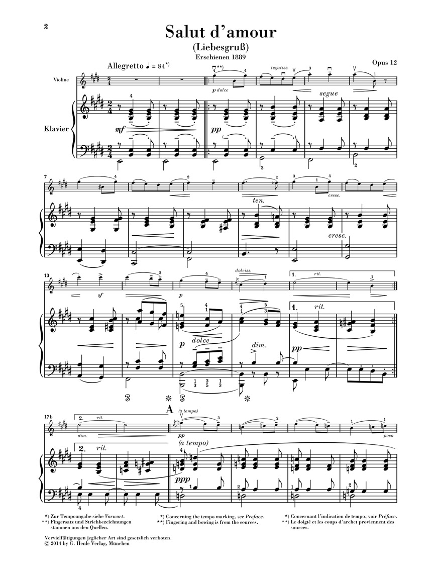 Anderes Coverbild Salut d'amour für Violine und Klavier op. 12