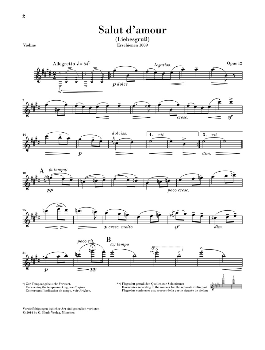 Anderes Coverbild Salut d'amour für Violine und Klavier op. 12