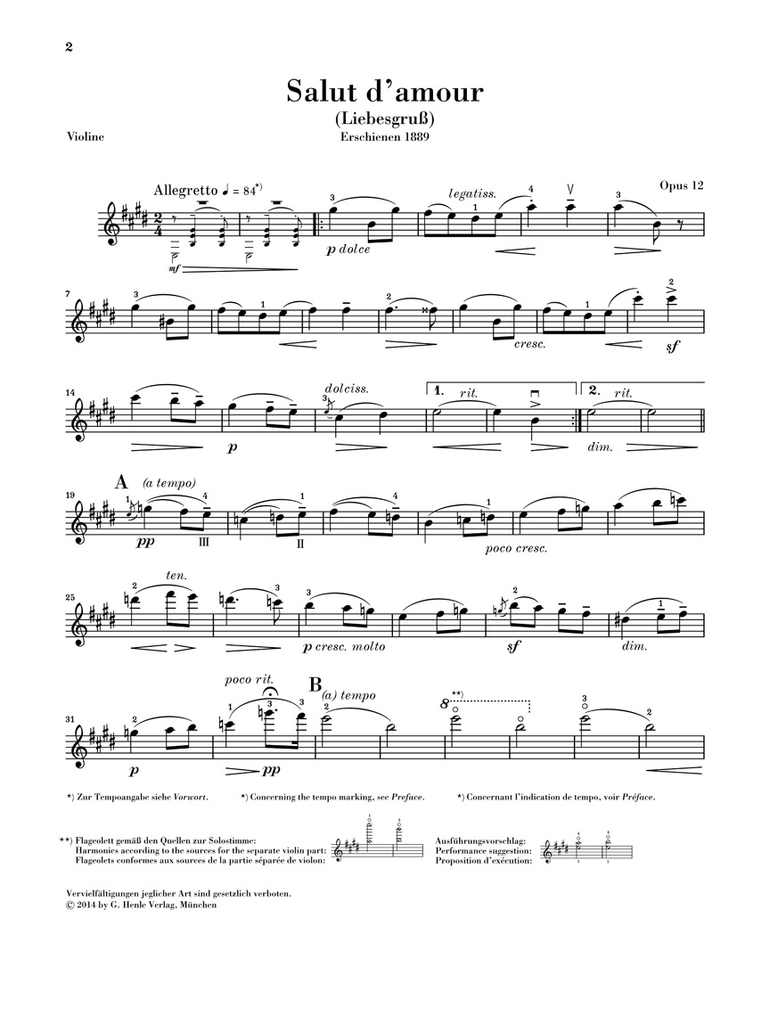Anderes Coverbild Salut d'amour für Violine und Klavier op. 12