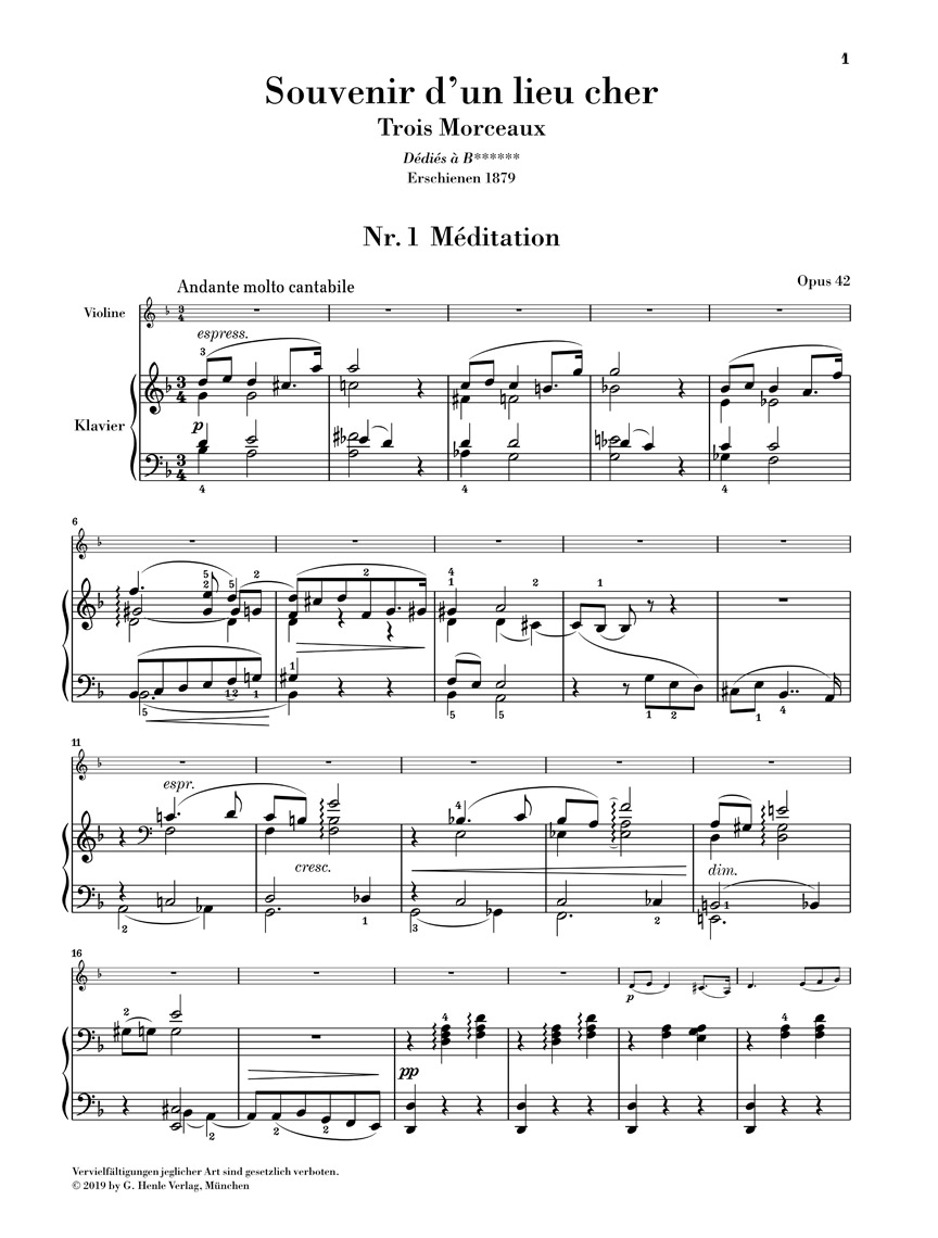 Anderes Coverbild Souvenir d'un lieu cher op. 42 für Violine und Klavier