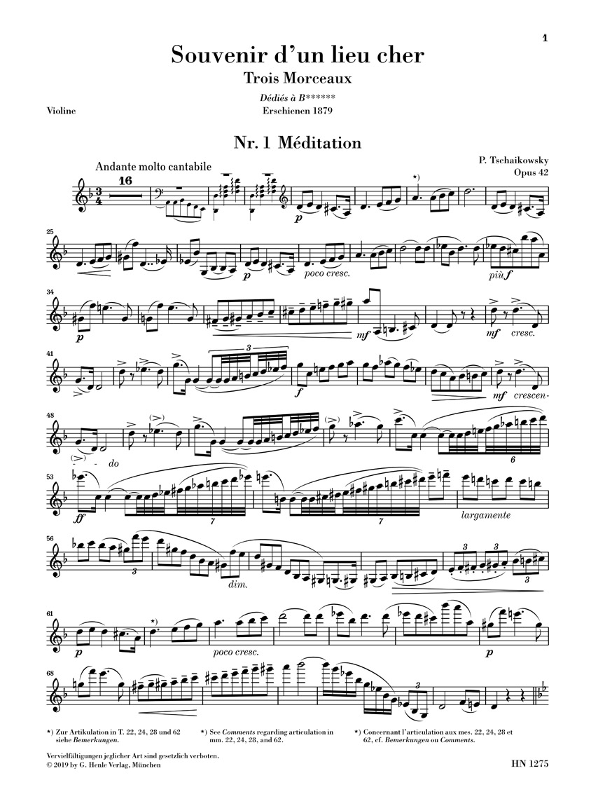Anderes Coverbild Souvenir d'un lieu cher op. 42 für Violine und Klavier