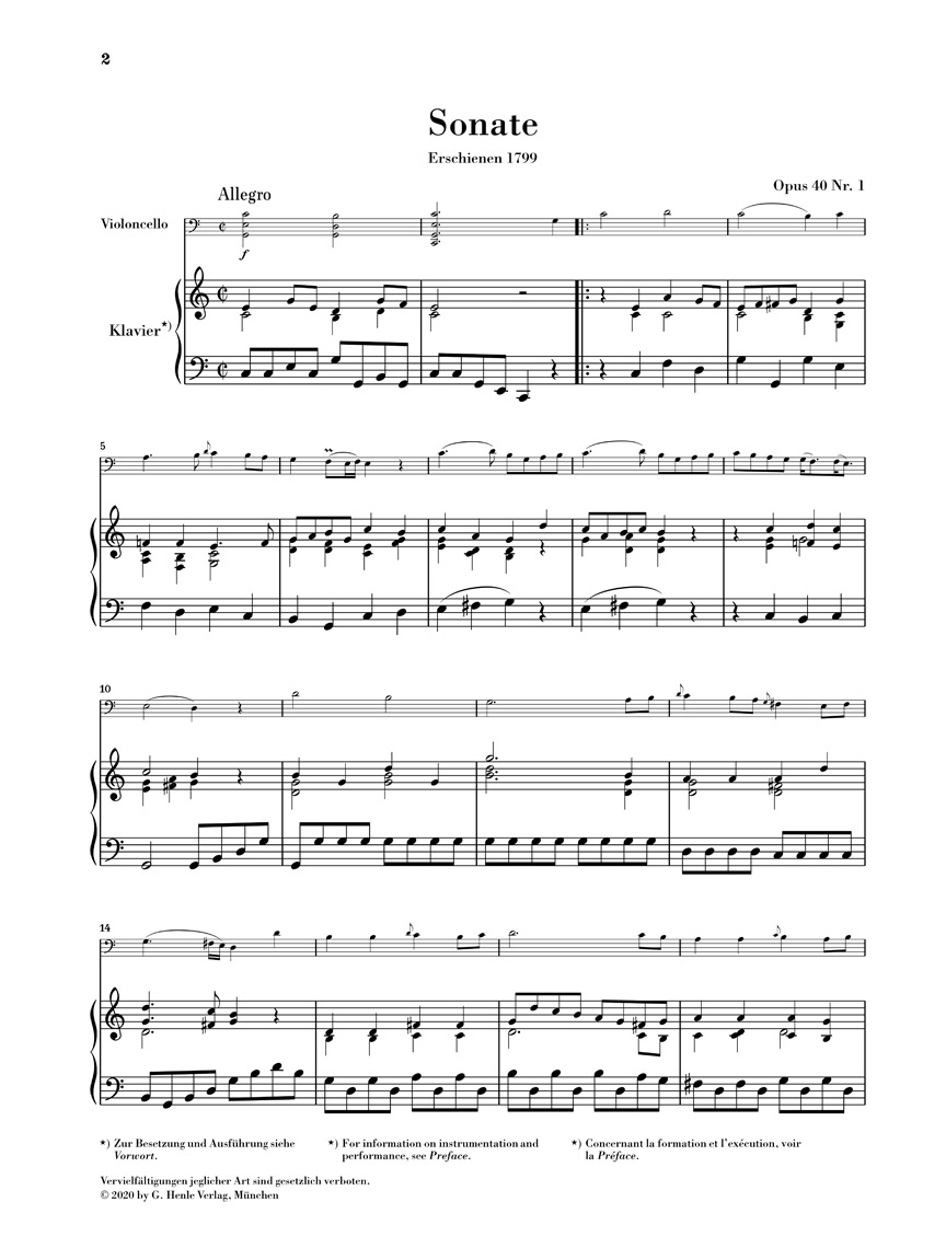 Anderes Coverbild Sonate C-dur op. 40,1 für Violoncello und Bass (Klavier)