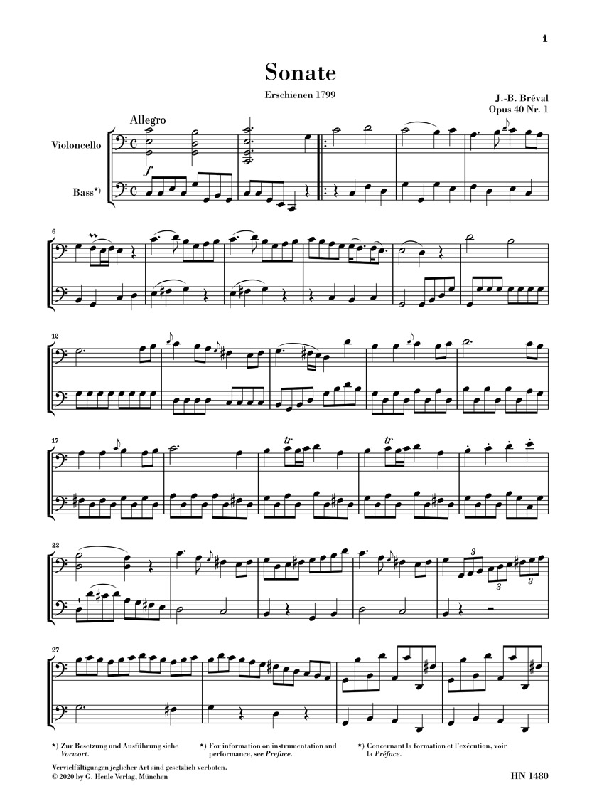 Anderes Coverbild Sonate C-dur op. 40,1 für Violoncello und Bass (Klavier)