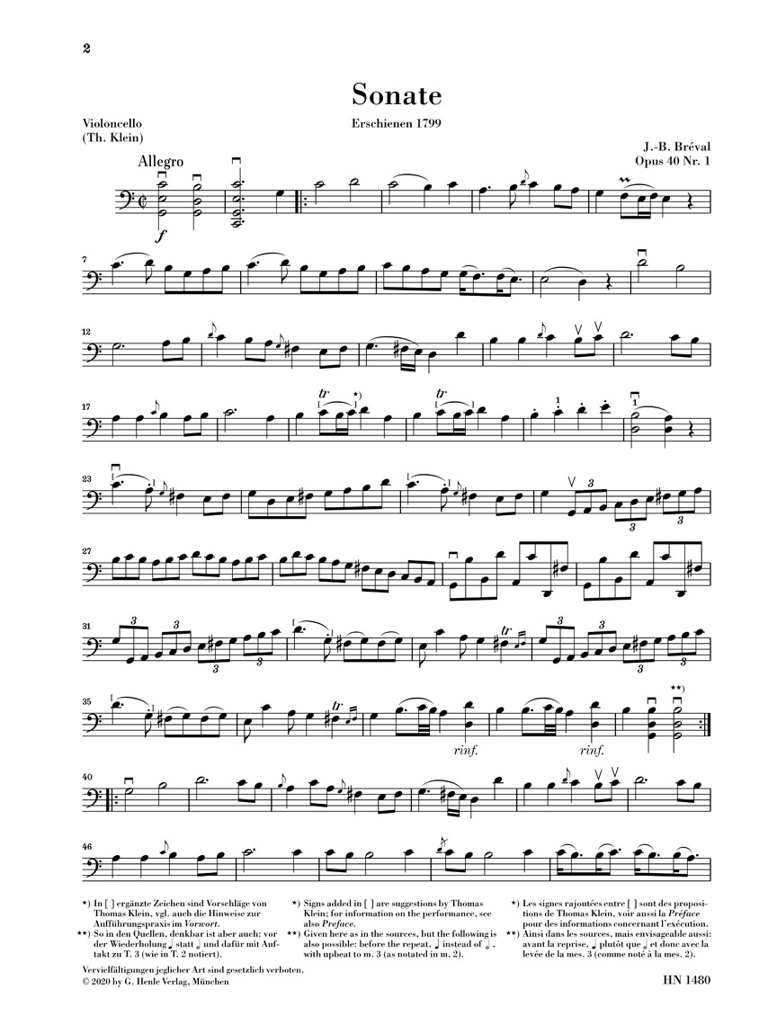 Anderes Coverbild Sonate C-dur op. 40,1 für Violoncello und Bass (Klavier)