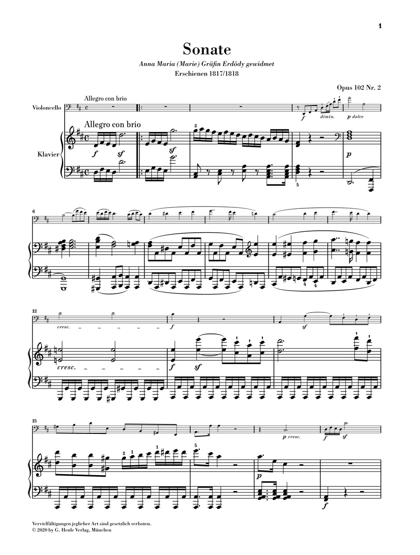 Anderes Coverbild Sonate D-dur op. 102,2 für Klavier und Violoncello