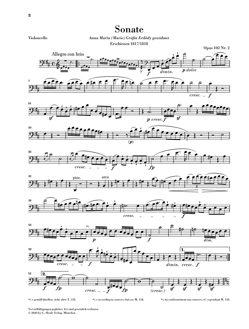 Anderes Coverbild Sonate D-dur op. 102,2 für Klavier und Violoncello